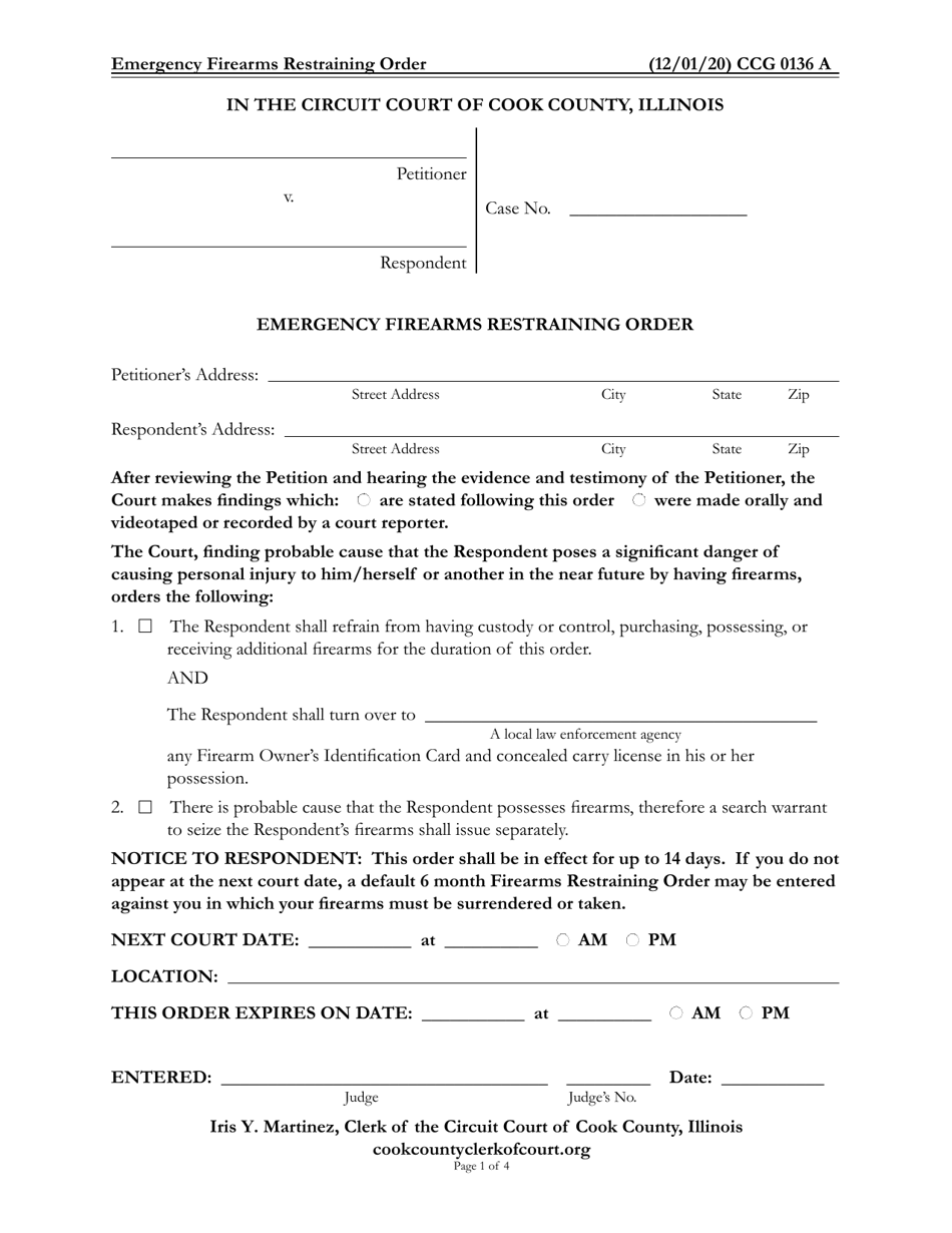 Form CCG0136 Emergency Firearms Restraining Order - Cook County, Illinois, Page 1
