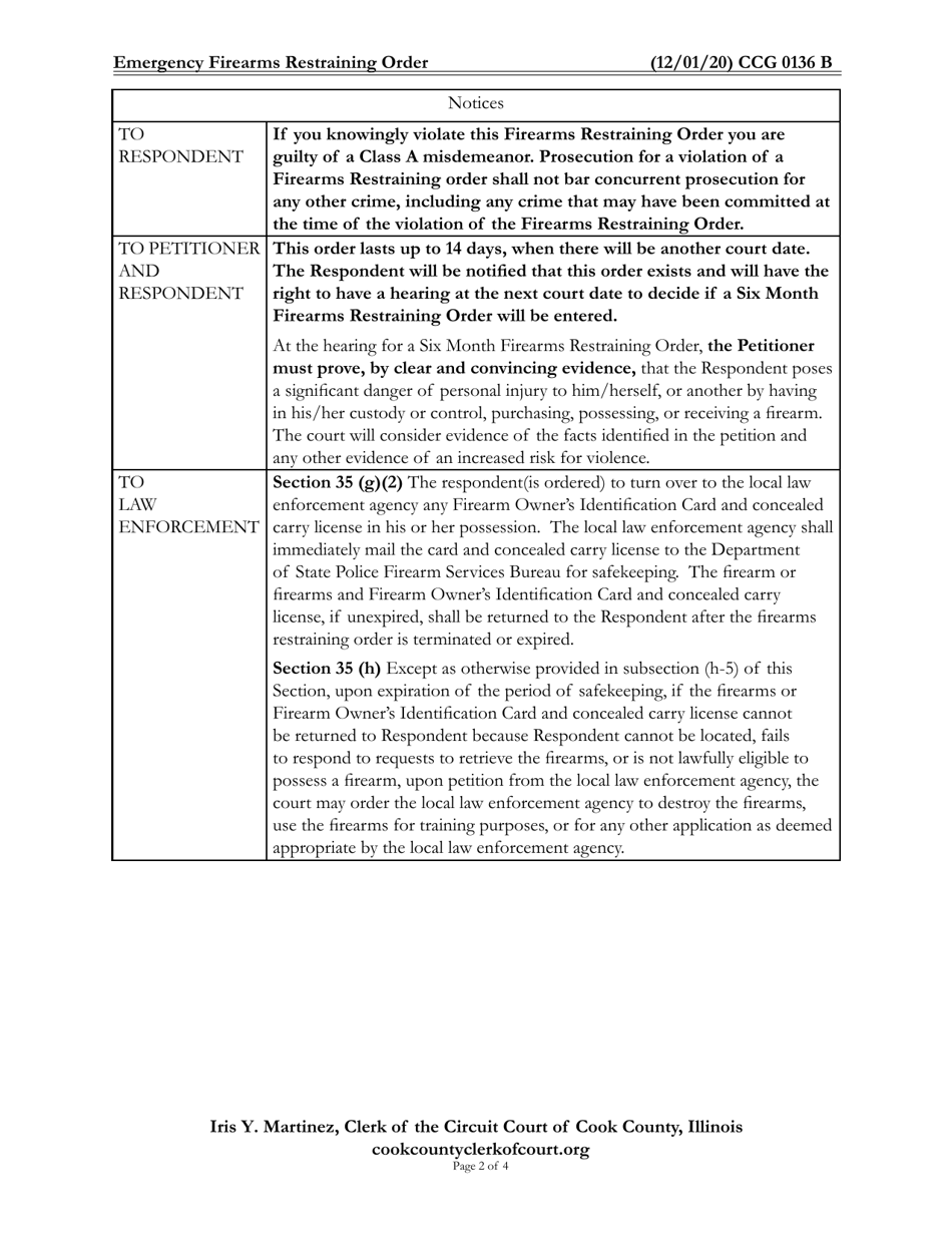 Form CCG0136 Emergency Firearms Restraining Order - Cook County, Illinois, Page 2