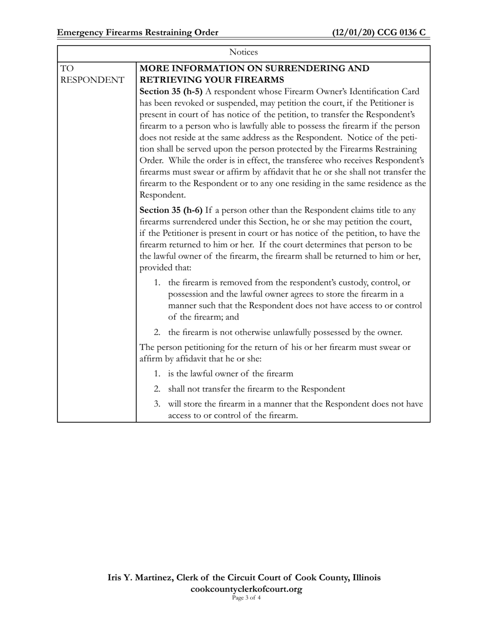 Form CCG0136 Emergency Firearms Restraining Order - Cook County, Illinois, Page 3