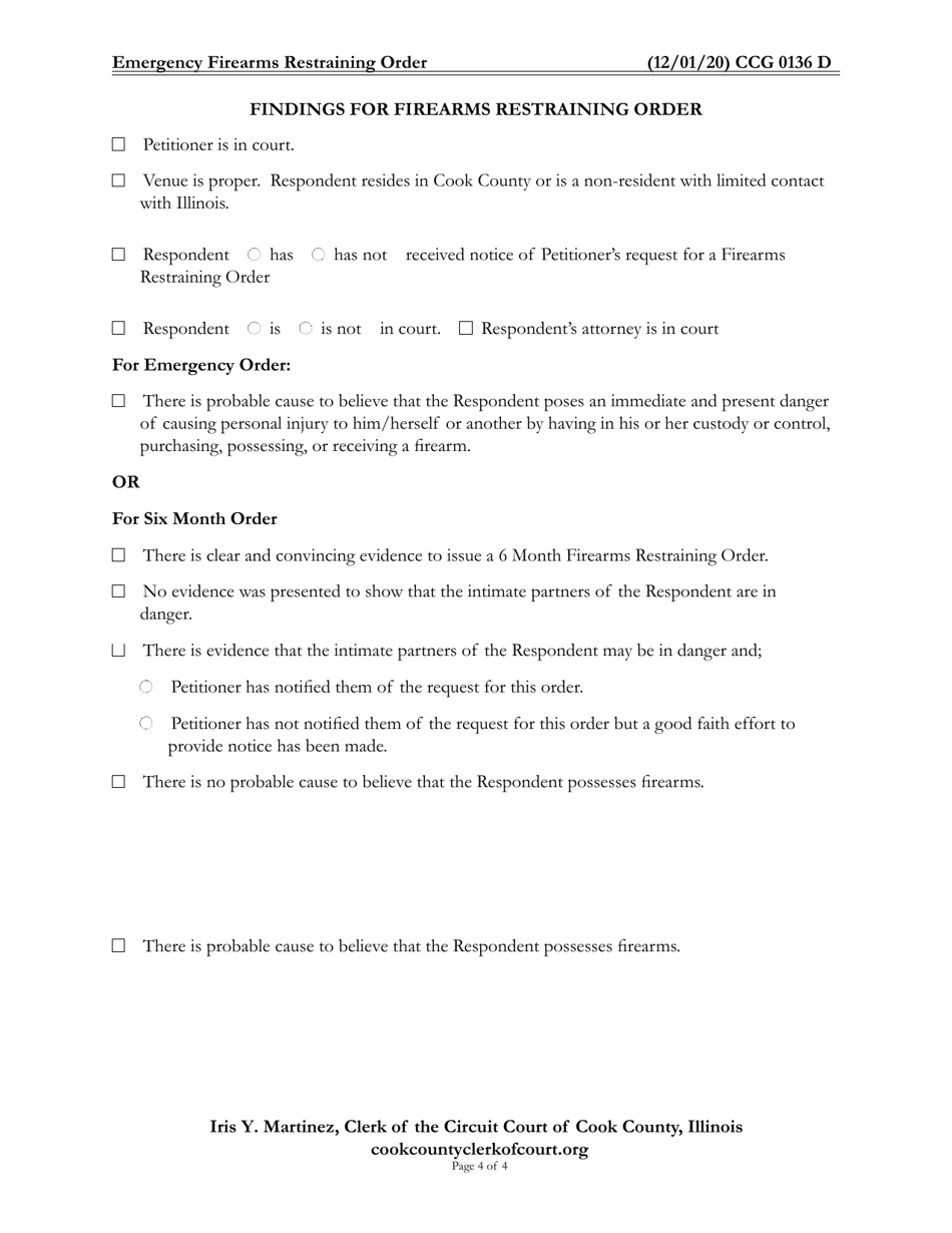 Form CCG0136 Emergency Firearms Restraining Order - Cook County, Illinois, Page 4