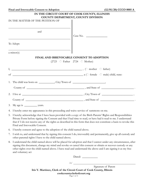 Form CCCO0005 Final and Irrevocable Consent to Adoption - Cook County, Illinois