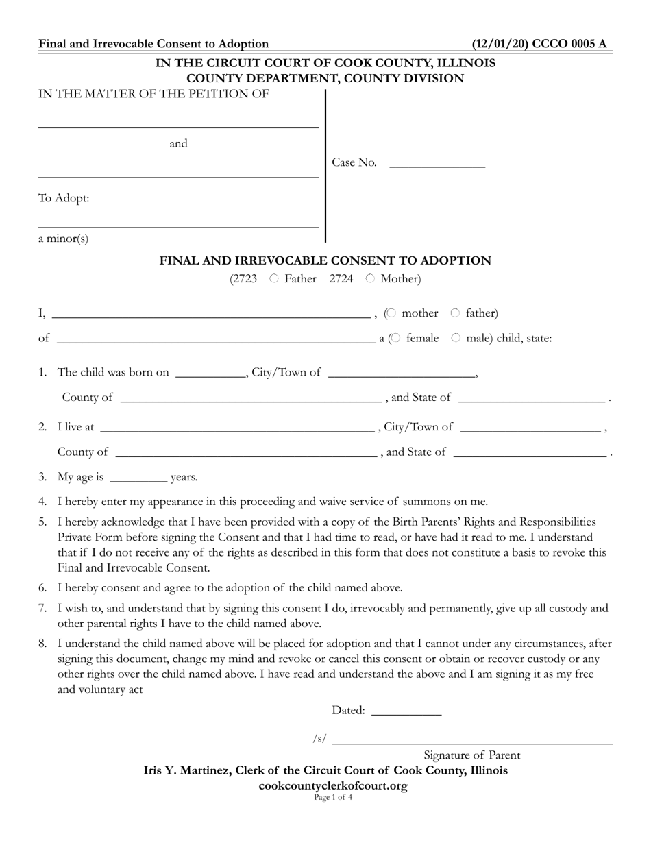 Form CCCO0005 Final and Irrevocable Consent to Adoption - Cook County, Illinois, Page 1