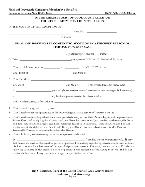 Form CCCO0203 Final and Irrevocable Consent to Adoption by a Specified Person or Persons; Non-dcfs Case - Cook County, Illinois