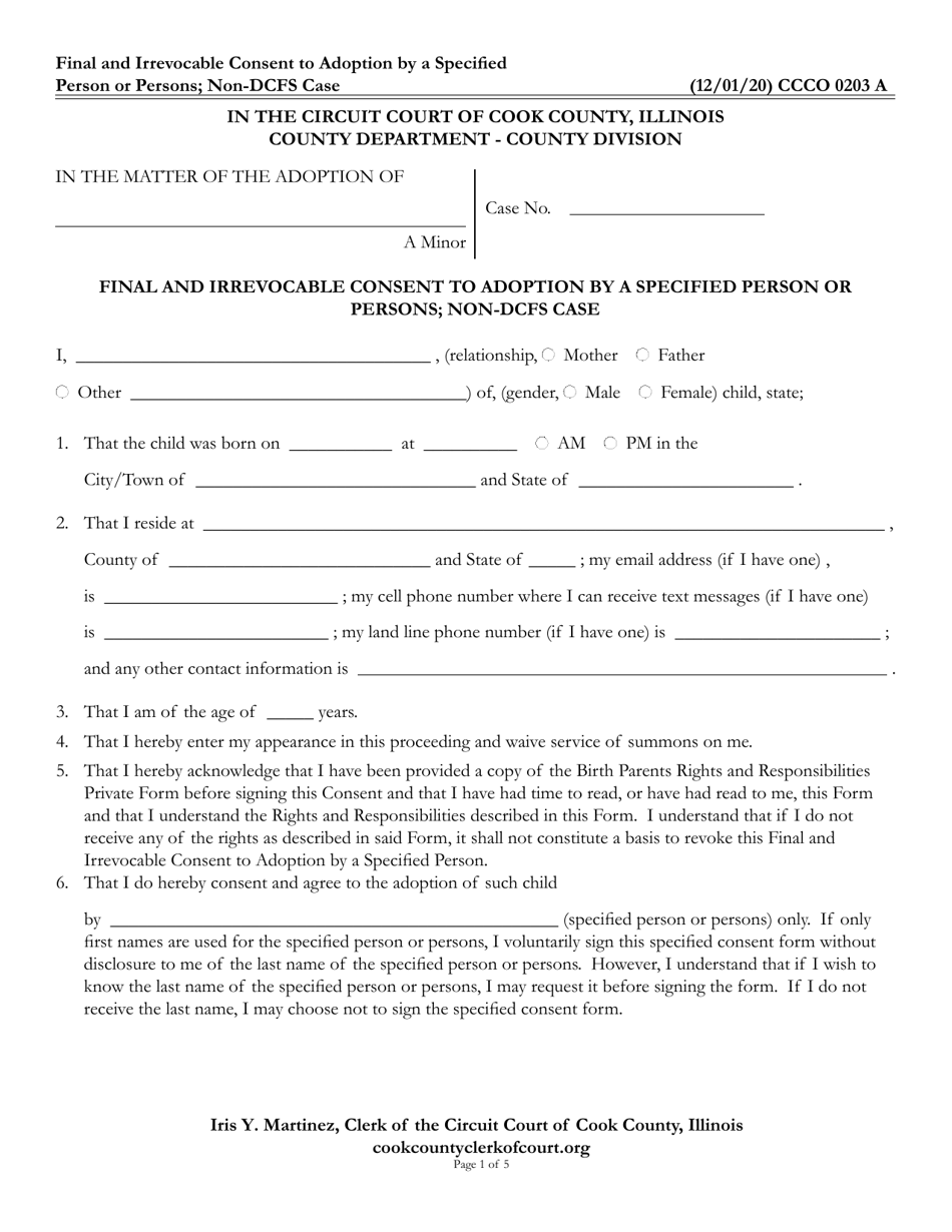 Form CCCO0203 Final and Irrevocable Consent to Adoption by a Specified Person or Persons; Non-dcfs Case - Cook County, Illinois, Page 1