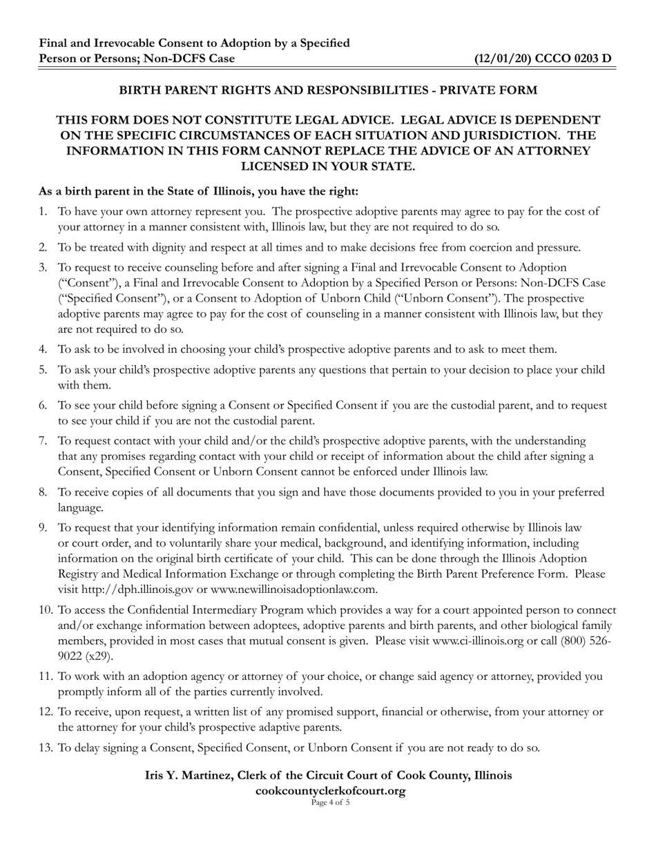 Form CCCO0203 Final and Irrevocable Consent to Adoption by a Specified Person or Persons; Non-dcfs Case - Cook County, Illinois, Page 4