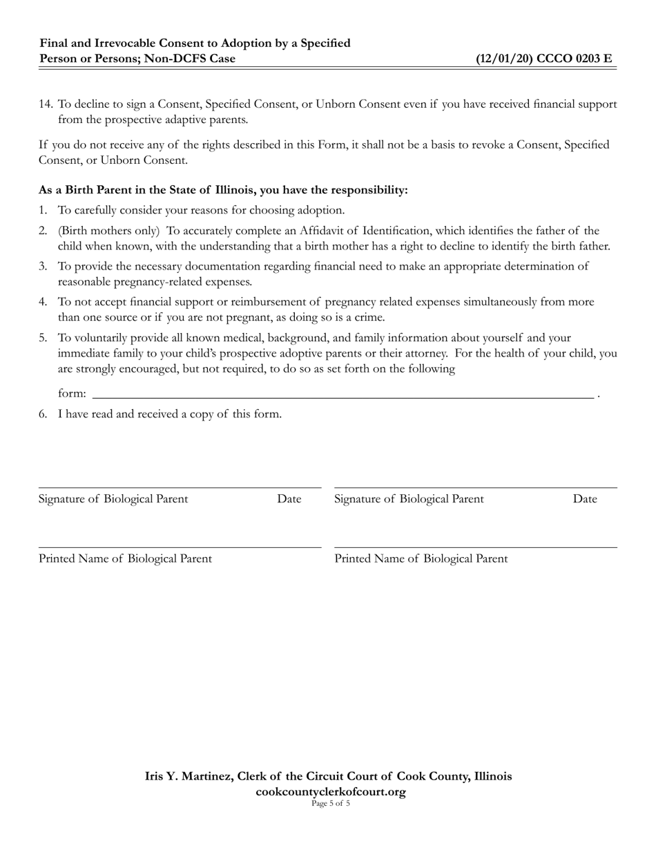 Form CCCO0203 Final and Irrevocable Consent to Adoption by a Specified Person or Persons; Non-dcfs Case - Cook County, Illinois, Page 5