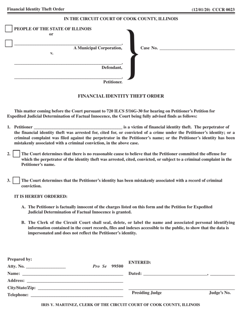 Form CCCR0023 Financial Identity Theft Order - Cook County, Illinois