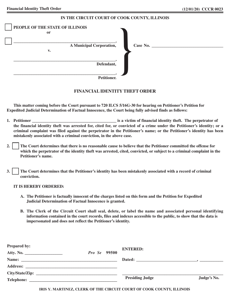 Form CCCR0023 Financial Identity Theft Order - Cook County, Illinois, Page 1