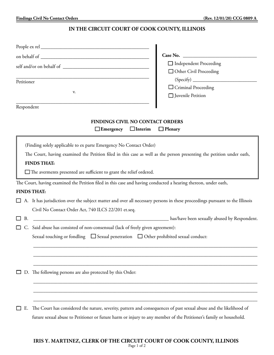 Form CCG0809 Findings Civil No Contact Orders - Cook County, Illinois, Page 1