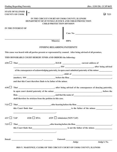 Form CCJP0653 Finding Regarding Paternity - Cook County, Illinois