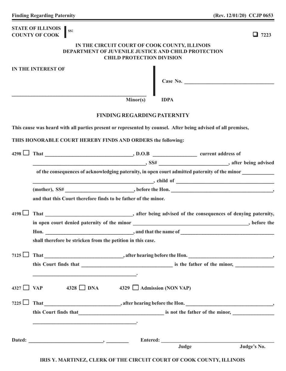 Form CCJP0653 Finding Regarding Paternity - Cook County, Illinois, Page 1