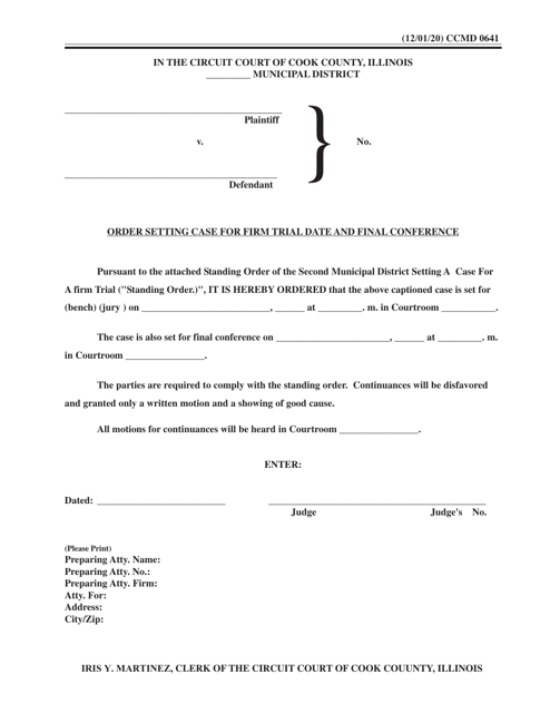 Form CCMD0641 Order Setting Case for Firm Trial Date and Final Conference - Cook County, Illinois