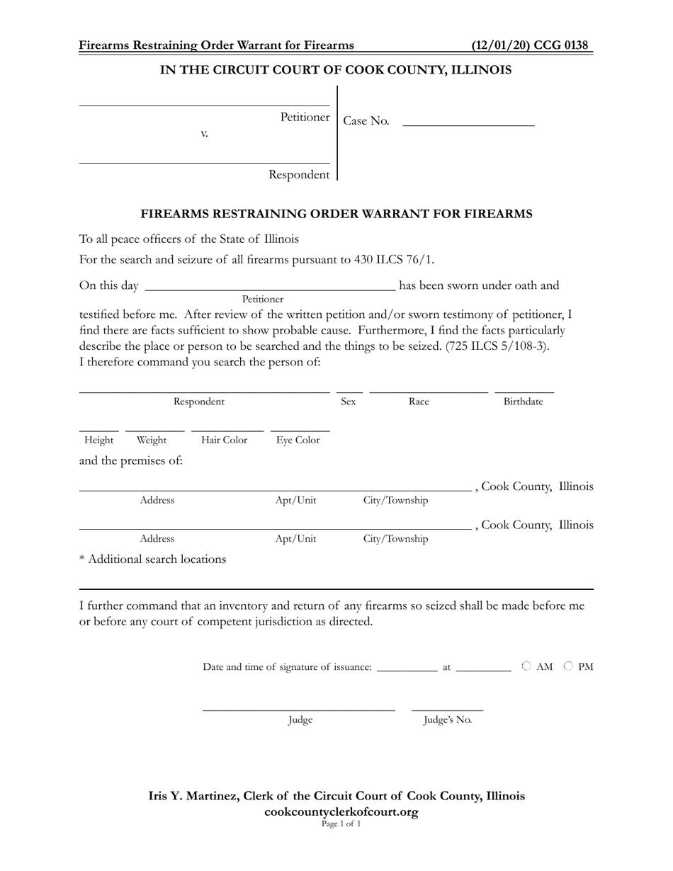 Form CCG0138 Firearms Restraining Order Warrant for Firearms - Cook County, Illinois, Page 1