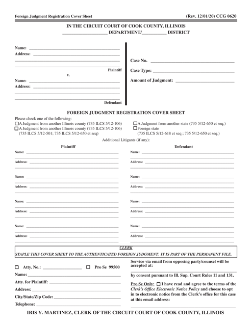 Form CCG0620 Foreign Judgment Registration Cover Sheet - Cook County, Illinois
