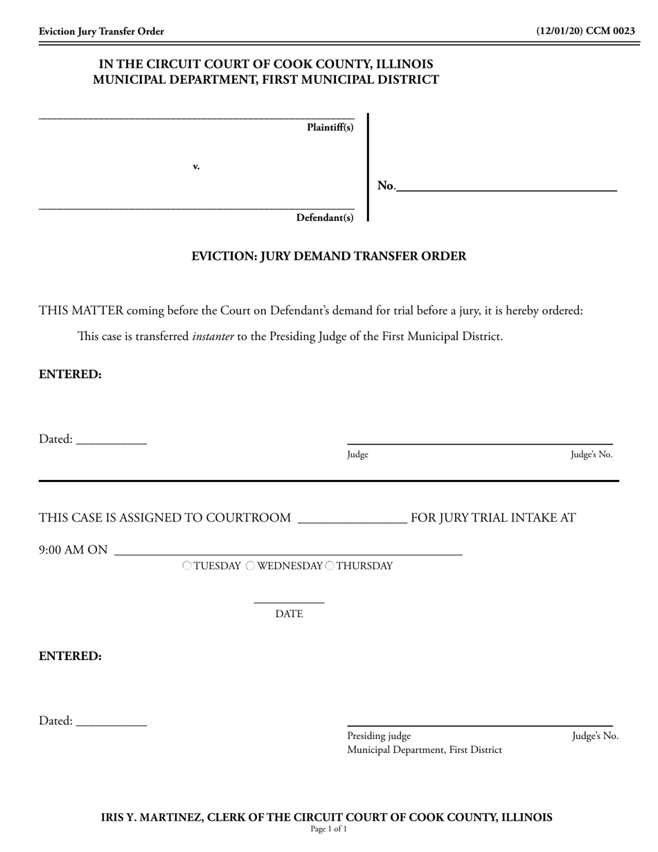Form CCM0023 Eviction: Jury Demand Transfer Order - Cook County, Illinois, Page 1
