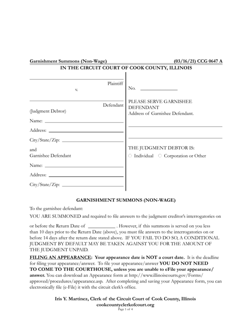 Form CCG0647 Garnishment Summons (Non-wage) - Cook County, Illinois
