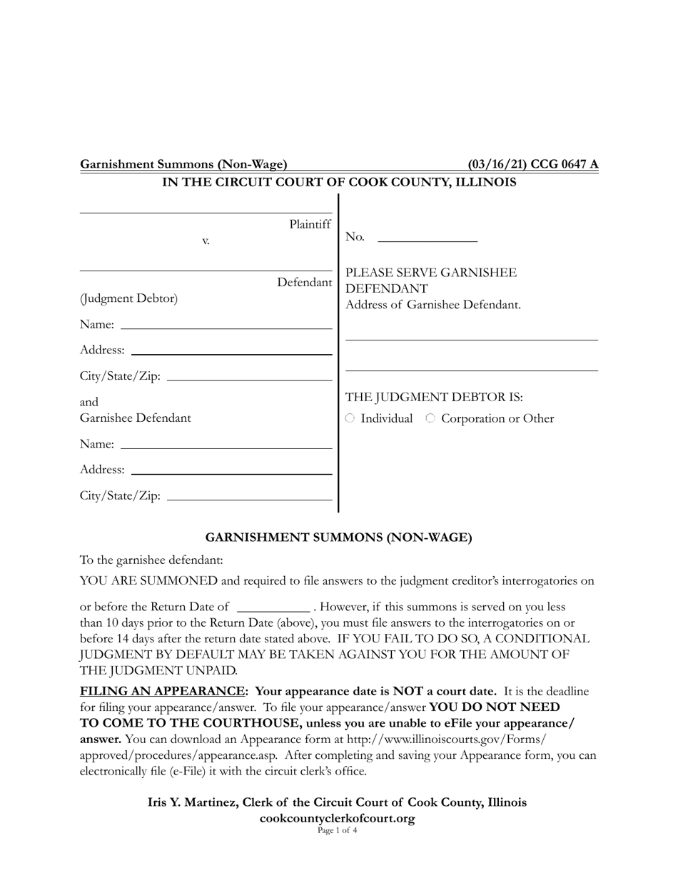 Form CCG0647 Garnishment Summons (Non-wage) - Cook County, Illinois, Page 1