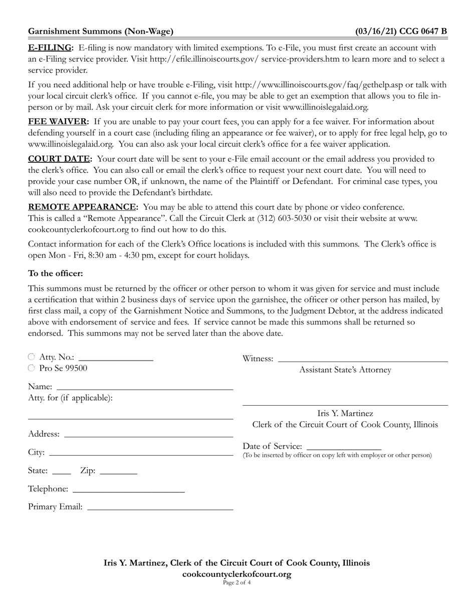 Form CCG0647 Garnishment Summons (Non-wage) - Cook County, Illinois, Page 2