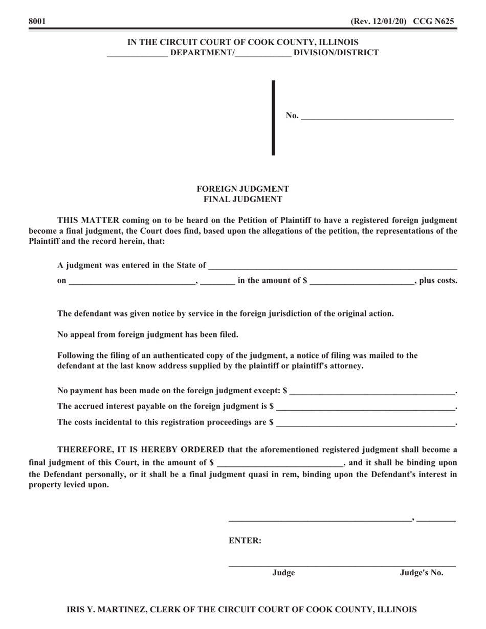 Form CCG N625 Foreign Judgment - Final Judgment - Cook County, Illinois, Page 1