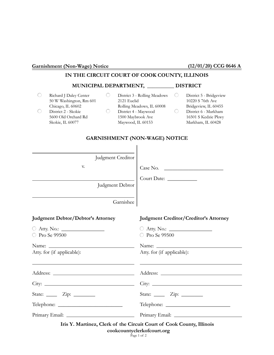 Form CCG0646 Garnishment (Non-wage) Notice - Cook County, Illinois, Page 1