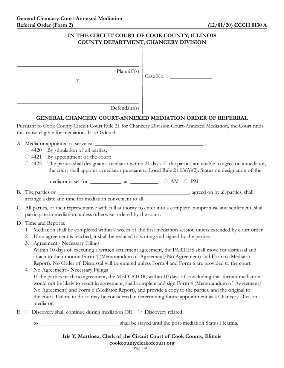 Form CCCH0130 (2) General Chancery Court-Annexed Mediation Order of Referral - Cook County, Illinois, Page 1