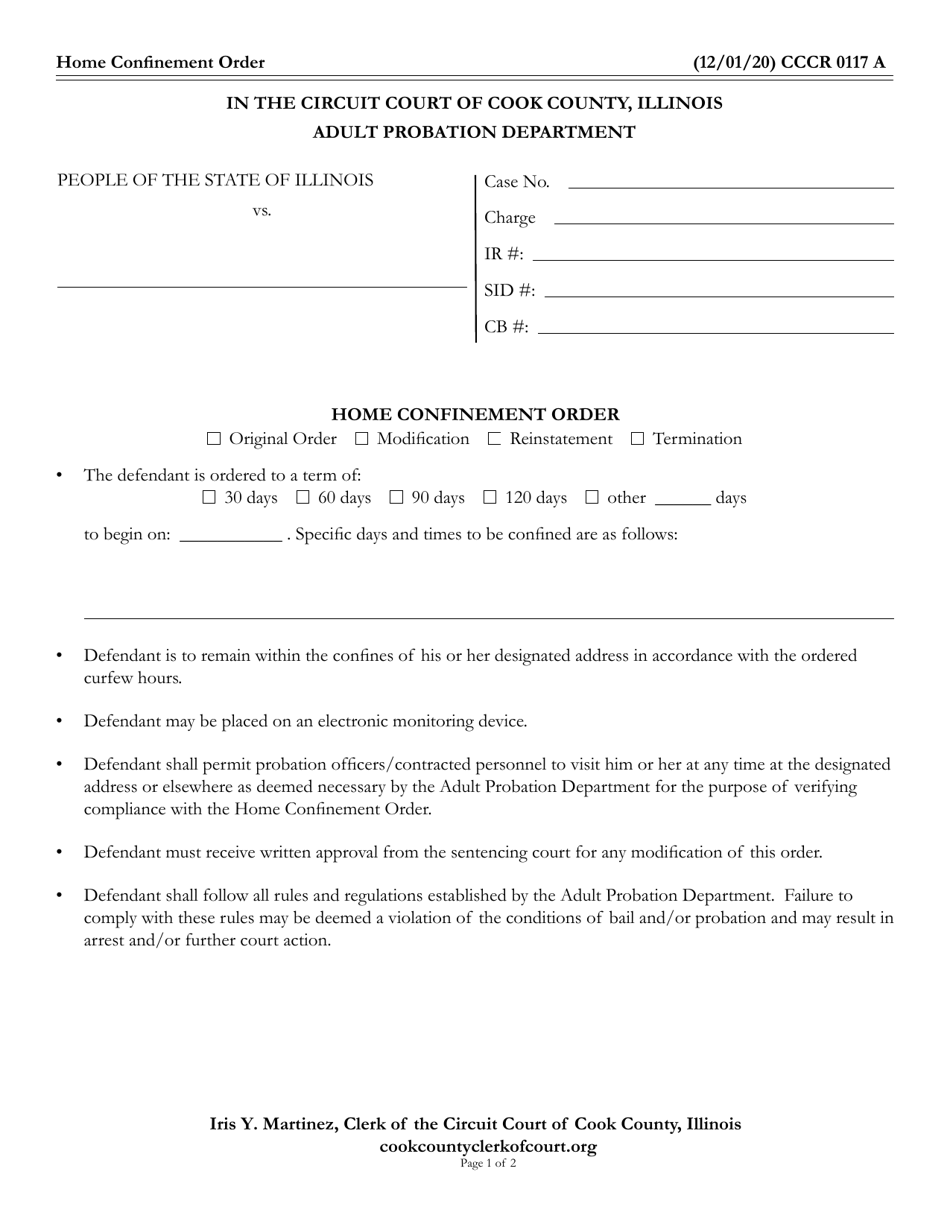 Form CCCR0117 Home Confinement Order - Cook County, Illinois, Page 1