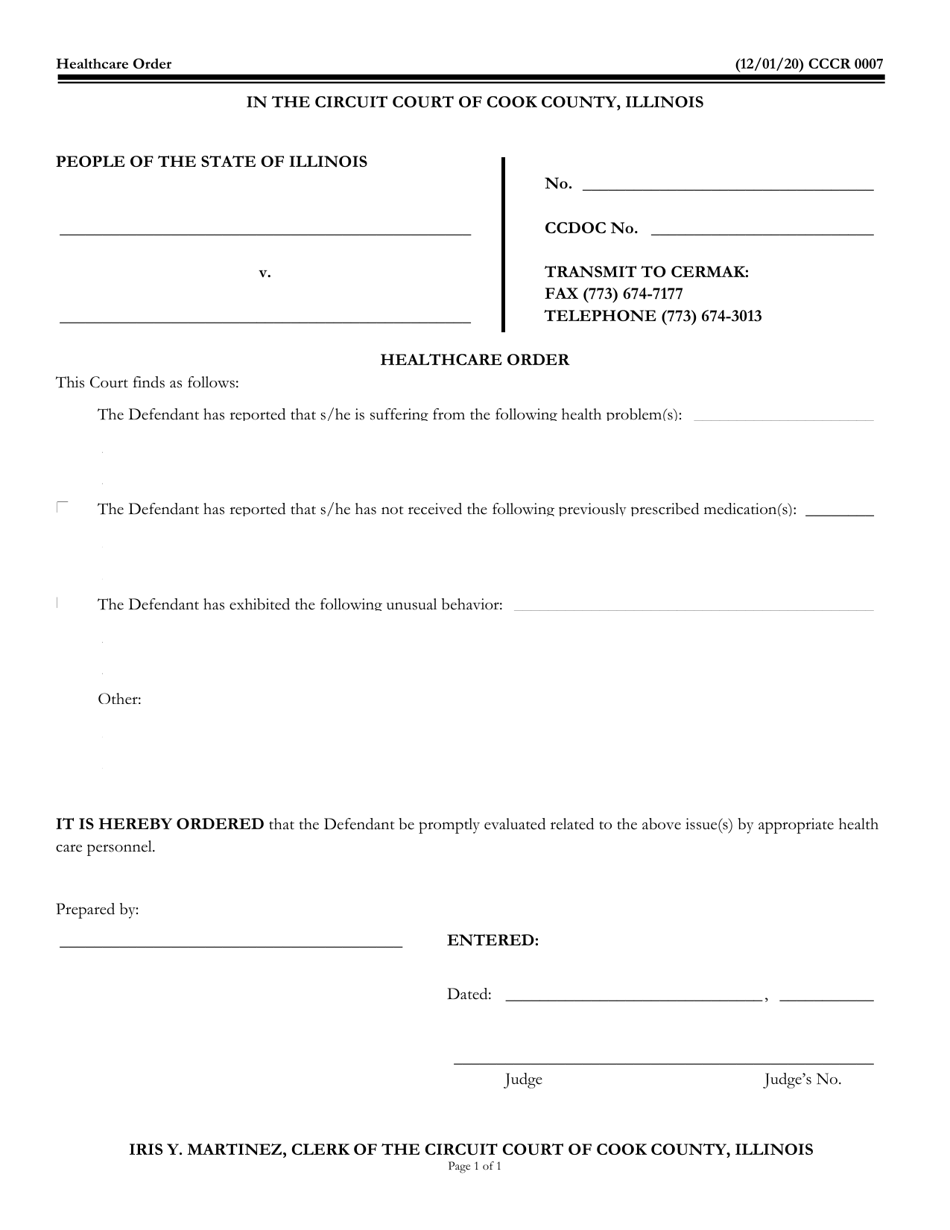 Form CCCR0007 Healthcare Order - Cook County, Illinois, Page 1