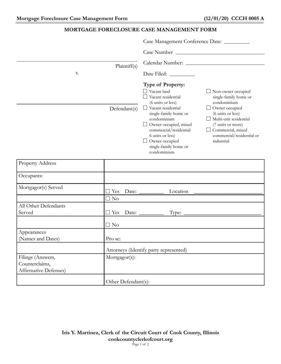 Form CCCH0005 Mortgage Foreclosure Case Management Form - Cook County, Illinois, Page 1