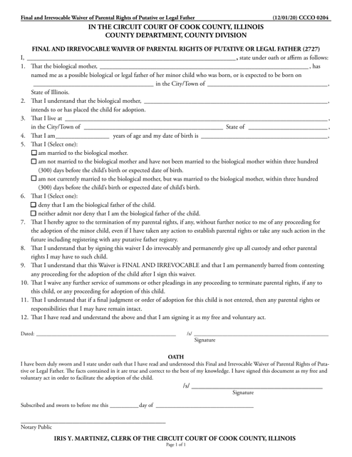 Form CCCO0204 Final and Irrevocable Waiver of Parental Rights of Putative or Legal Father - Cook County, Illinois