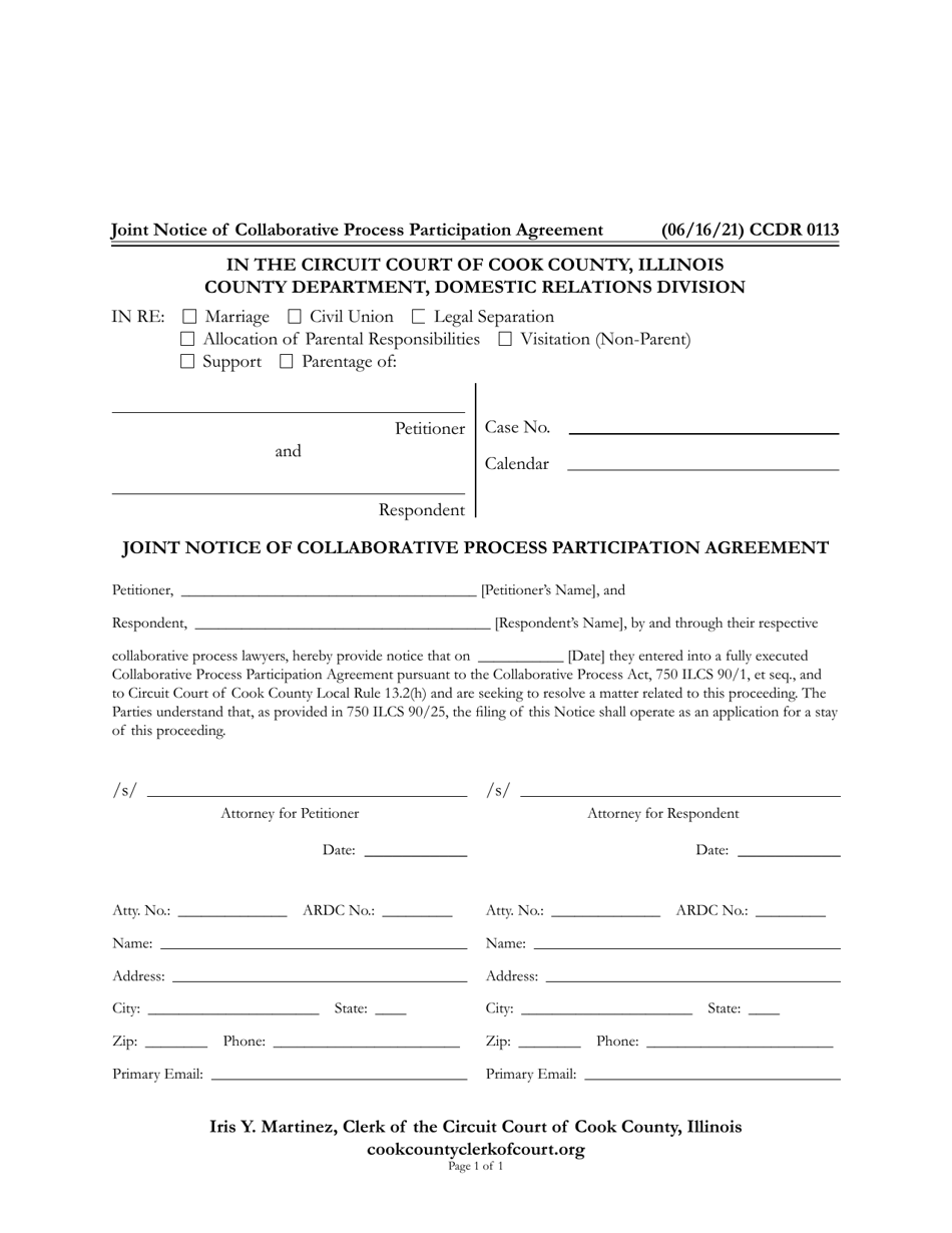 Form CCDR0113 Joint Notice of Collaborative Process Participation Agreement - Cook County, Illinois, Page 1