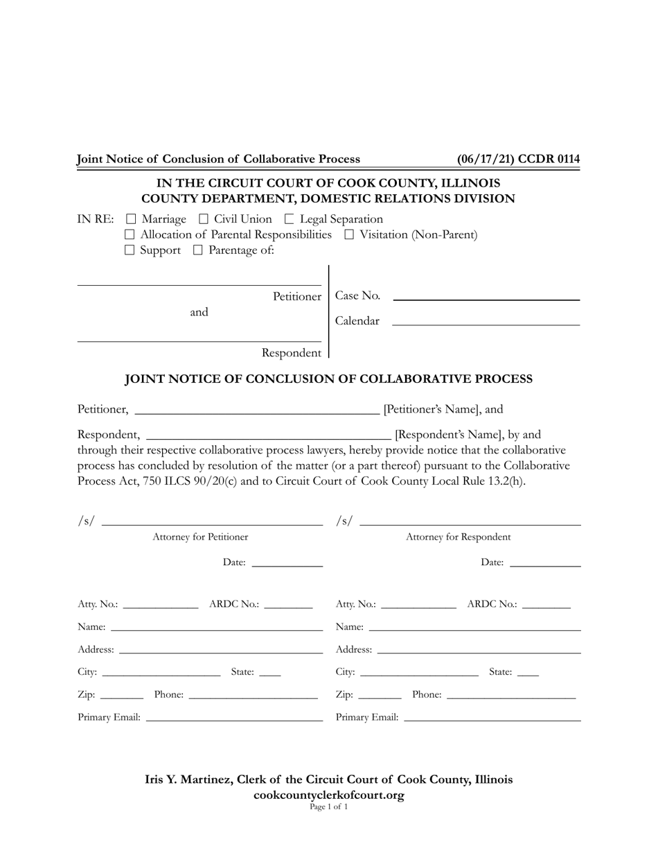 Form CCDR0114 Joint Notice of Conclusion of Collaborative Process - Cook County, Illinois, Page 1