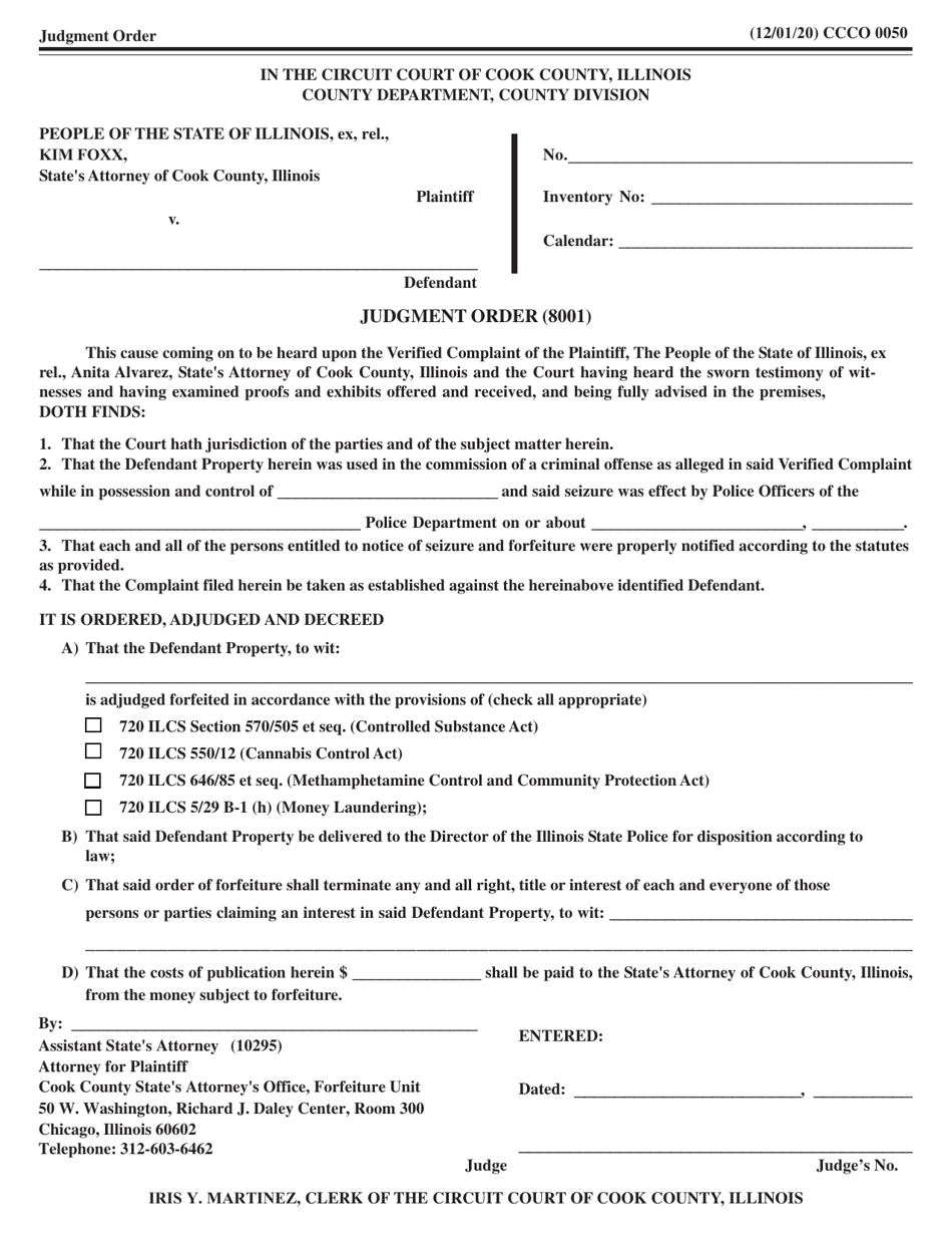 Form CCCO0050 Judgment Order - Cook County, Illinois, Page 1