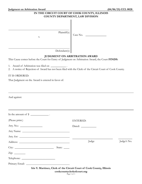 Form CCL0028 Judgment on Arbitration Award - Cook County, Illinois