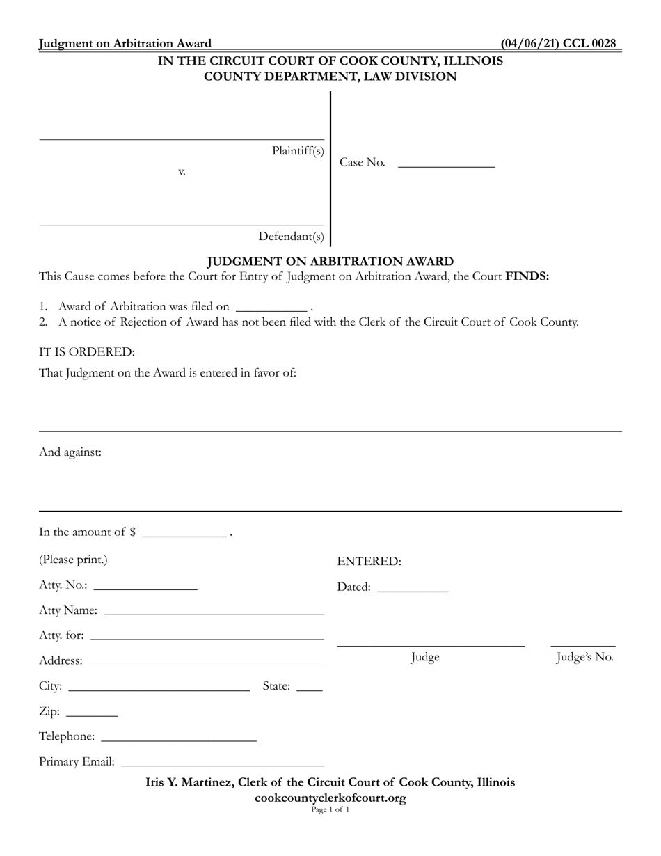 Form CCL0028 Judgment on Arbitration Award - Cook County, Illinois, Page 1