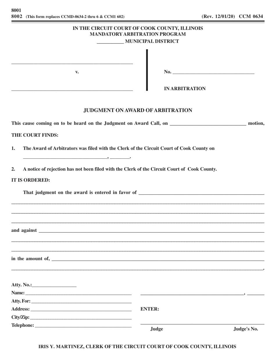 Form CCM0634 Judgment on Award of Arbitration - Cook County, Illinois, Page 1