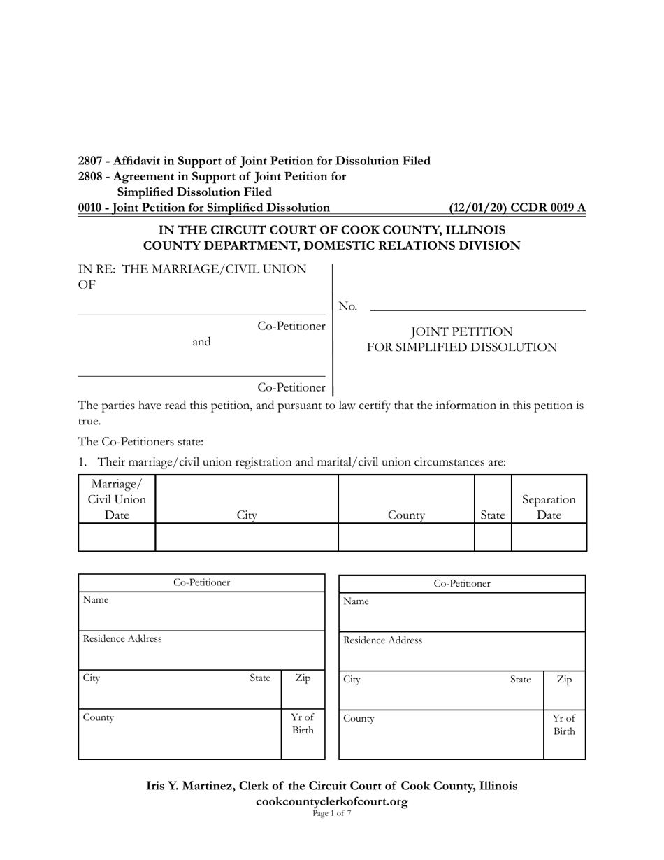 Form CCDR0019 Joint Petition for Simplified Dissolution - Cook County, Illinois, Page 1