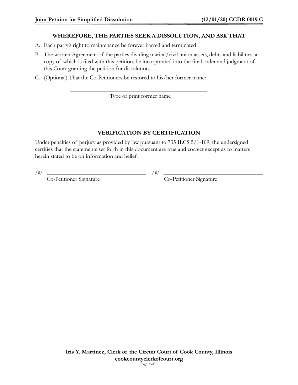 Form CCDR0019 Joint Petition for Simplified Dissolution - Cook County, Illinois, Page 3