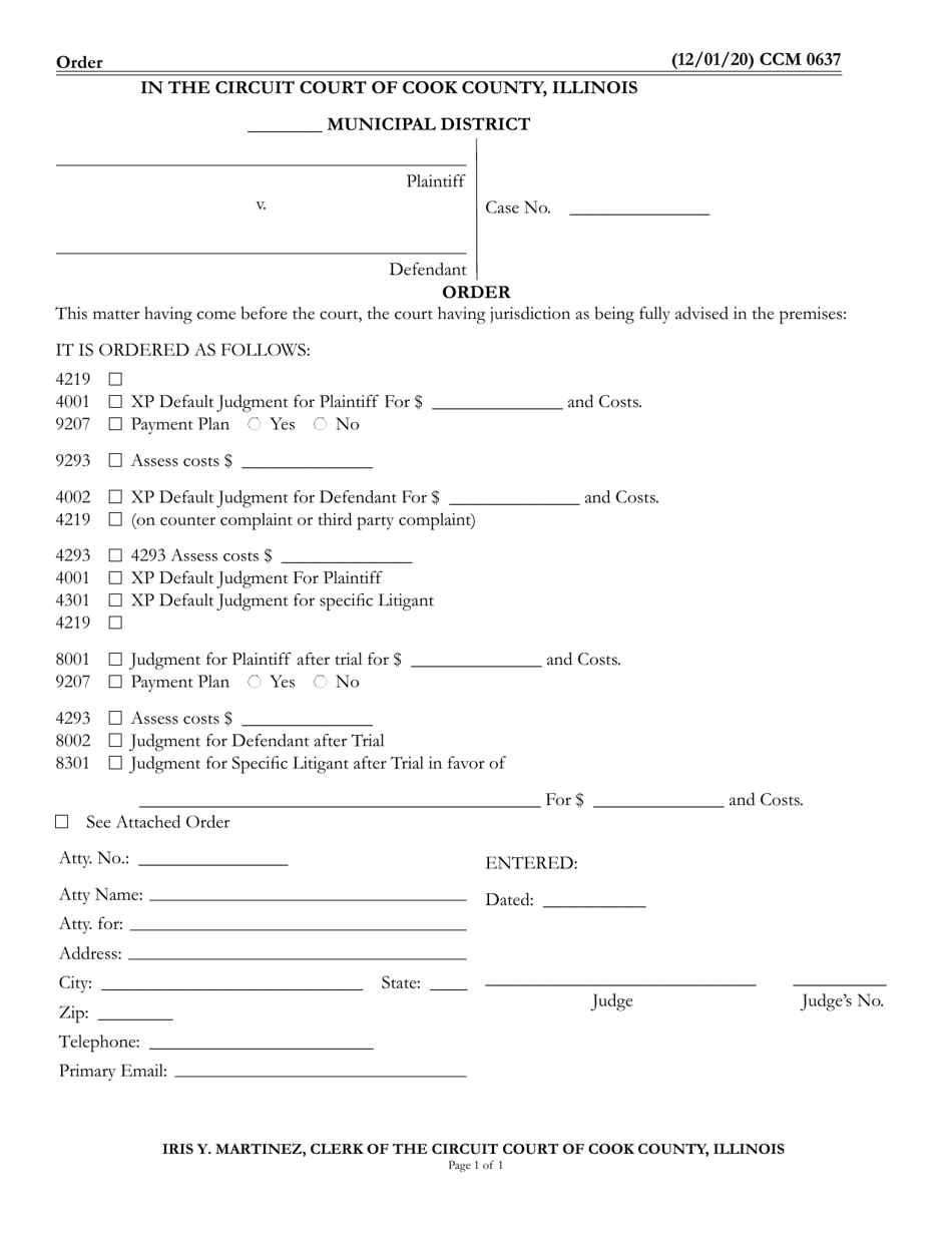 Form CCM0637 Judgement Order - Cook County, Illinois, Page 1