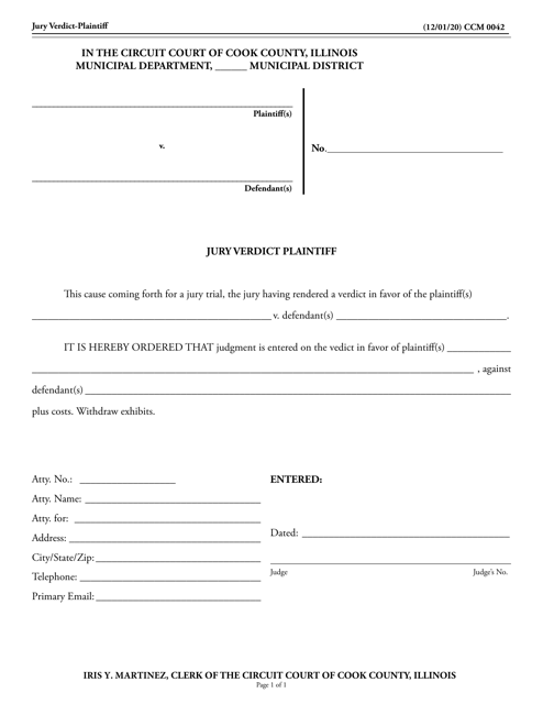 Form CCM0042 Jury Verdict Plaintiff - Cook County, Illinois