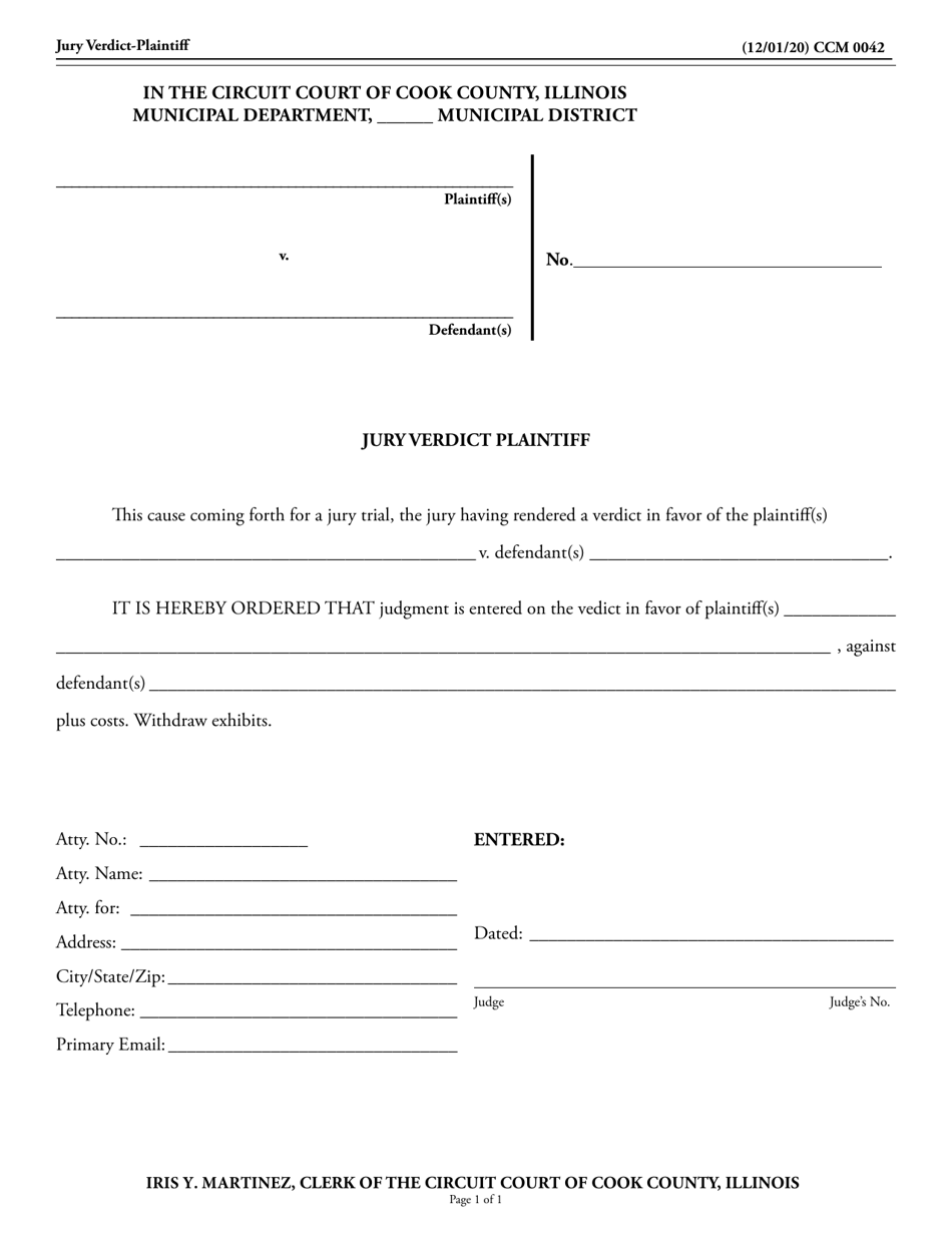 Form CCM0042 Jury Verdict Plaintiff - Cook County, Illinois, Page 1