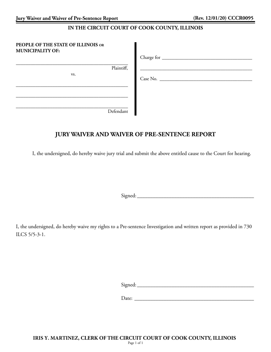 Form CCCR0095 Jury Waiver and Waiver of Pre-sentence Report - Cook County, Illinois, Page 1