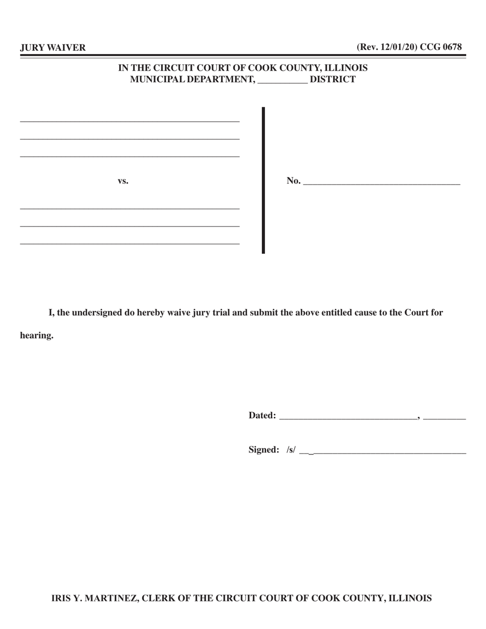 Form CCG0678 Jury Waiver - Cook County, Illinois, Page 1