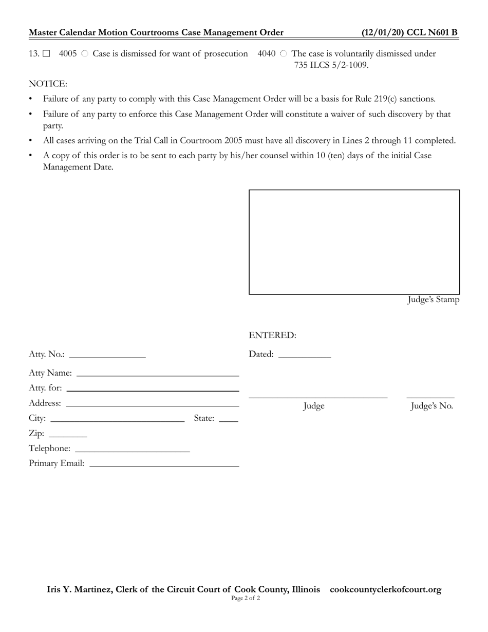 Form CCL N601 Master Calendar Motion Courtrooms Case Management Order - Cook County, Illinois, Page 3