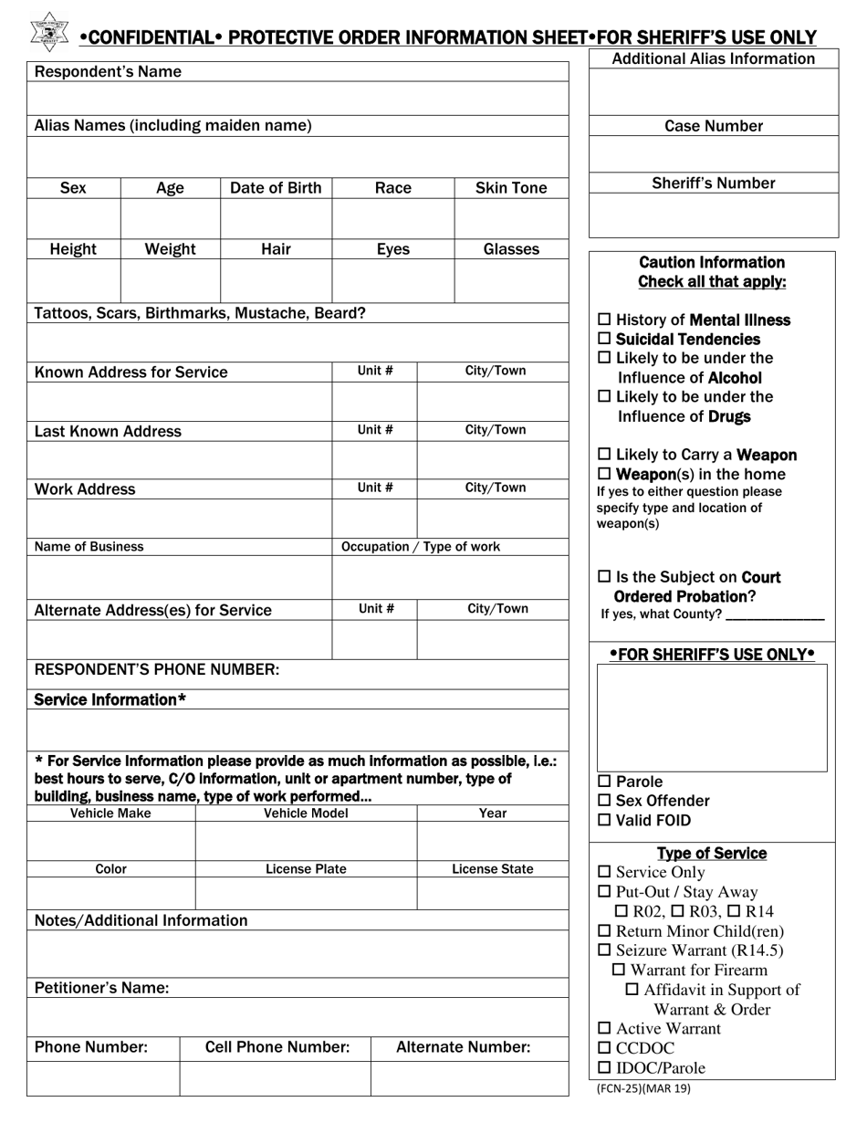 Form CCCR0100 (FCN-25) Protective Order Information Sheet for Sheriffs Use - Cook County, Illinois, Page 1