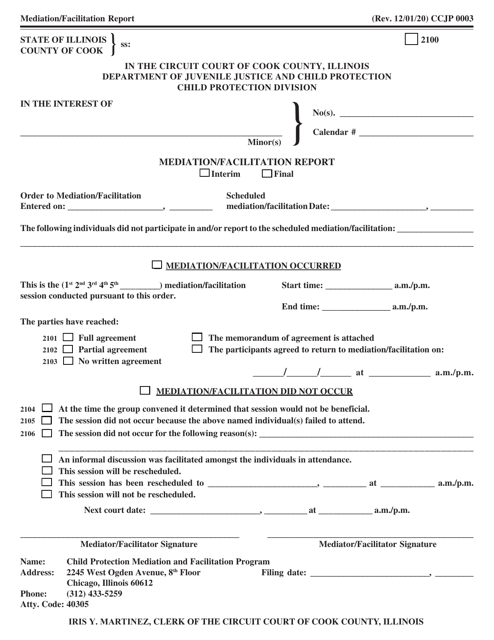 Form CCJP0003 Mediation/Facilitation Report - Cook County, Illinois