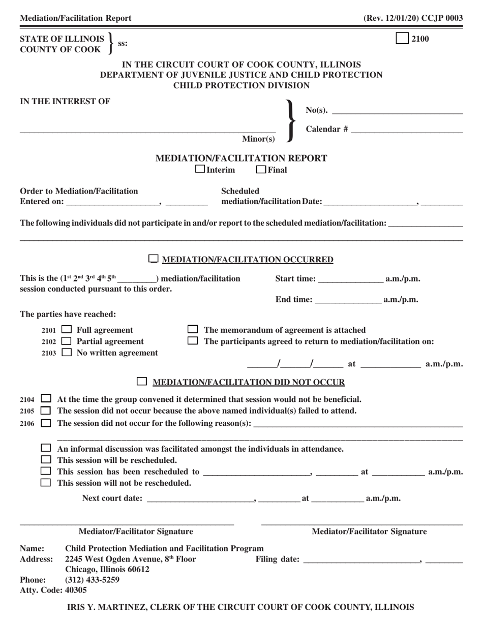 Form CCJP0003 Mediation / Facilitation Report - Cook County, Illinois, Page 1