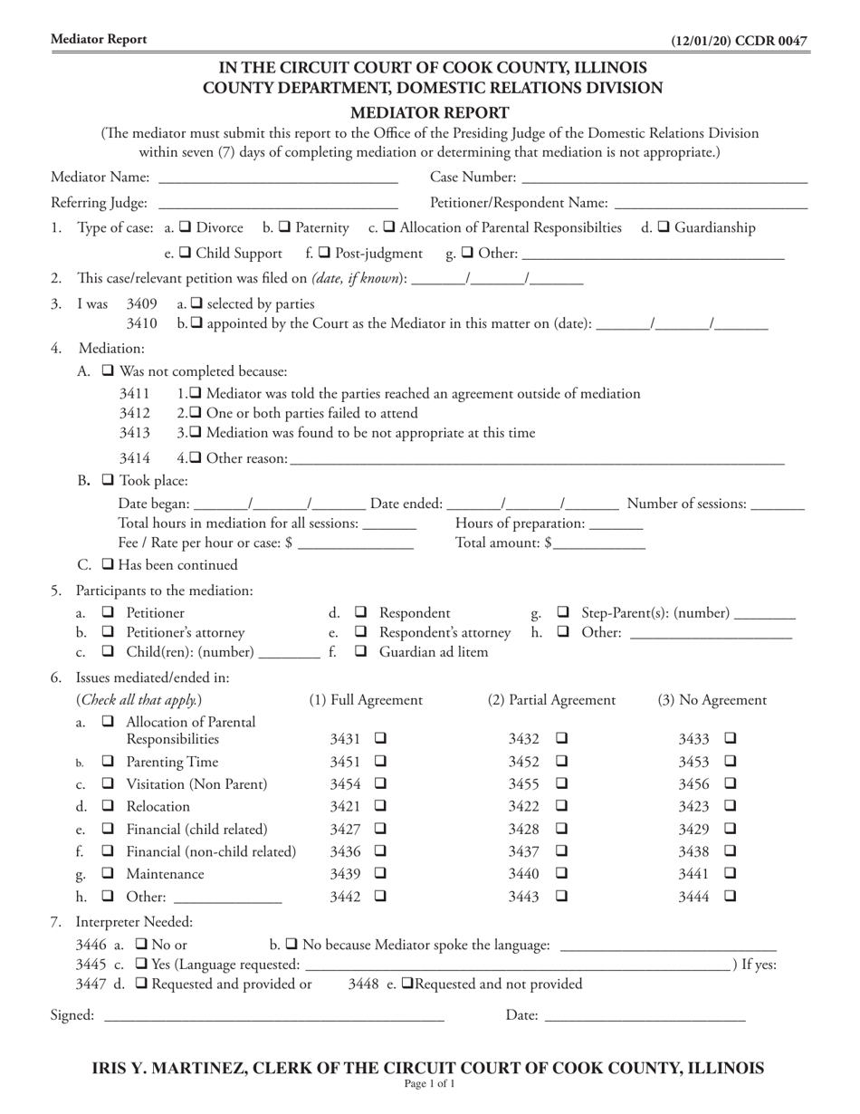 Form CCDR0047 Mediator Report - Cook County, Illinois, Page 1