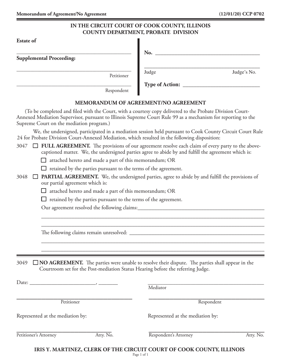 Form CCP0702 Memorandum of Agreement / No Agreement - Cook County, Illinois, Page 1