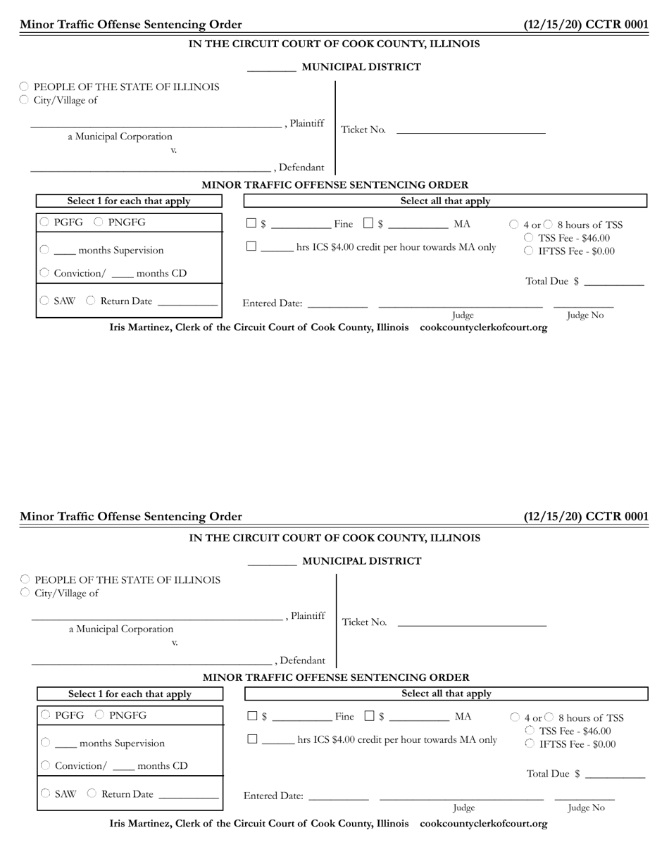 Form CCTR0001 Minor Traffic Offense Sentencing Order - Cook County, Illinois, Page 1