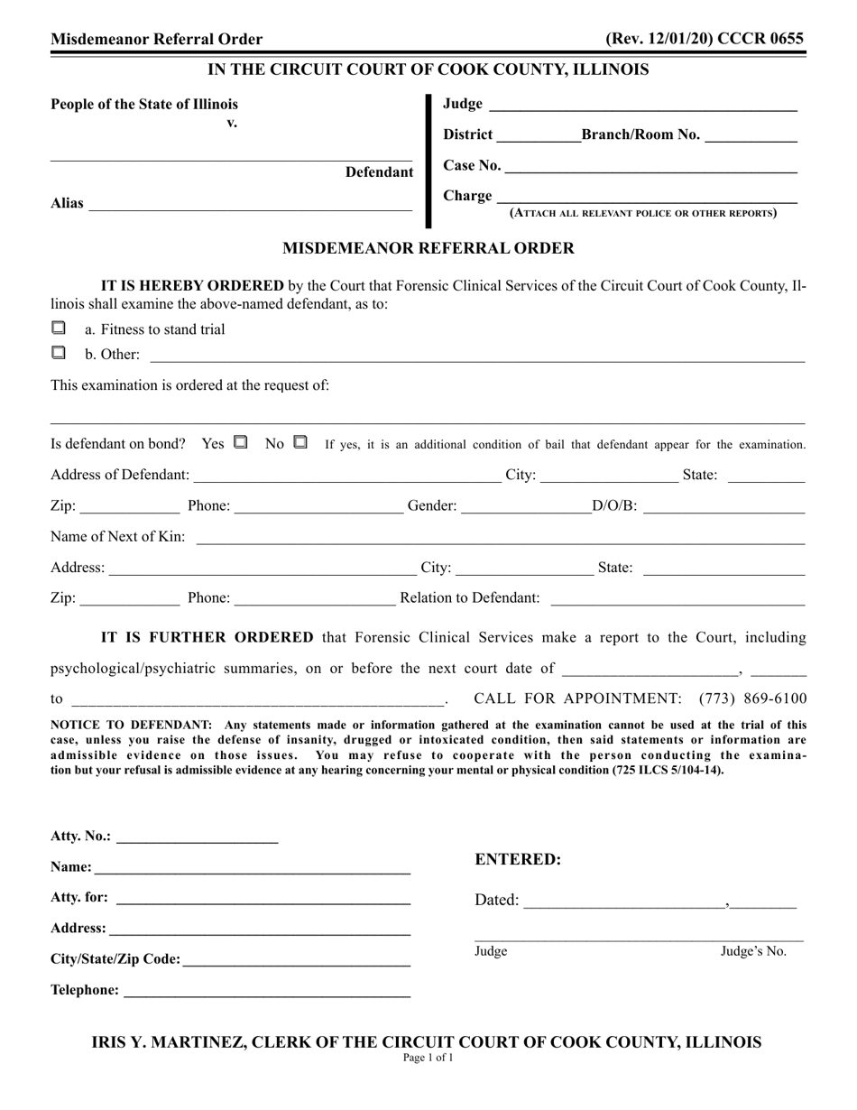 Form CCCR0655 Misdemeanor Referral Order - Cook County, Illinois, Page 1
